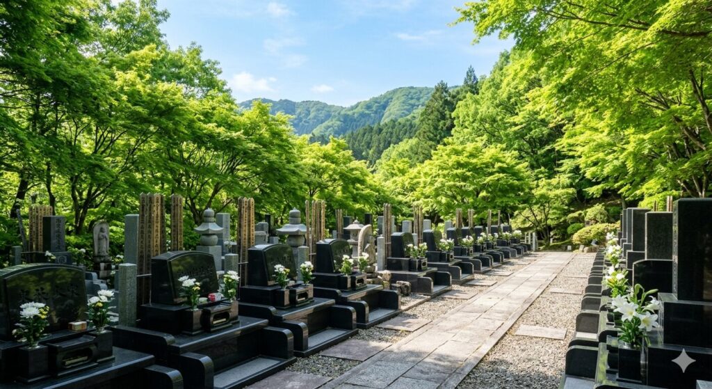 5月の晴れた午前中、群馬県の静かな和風墓地
