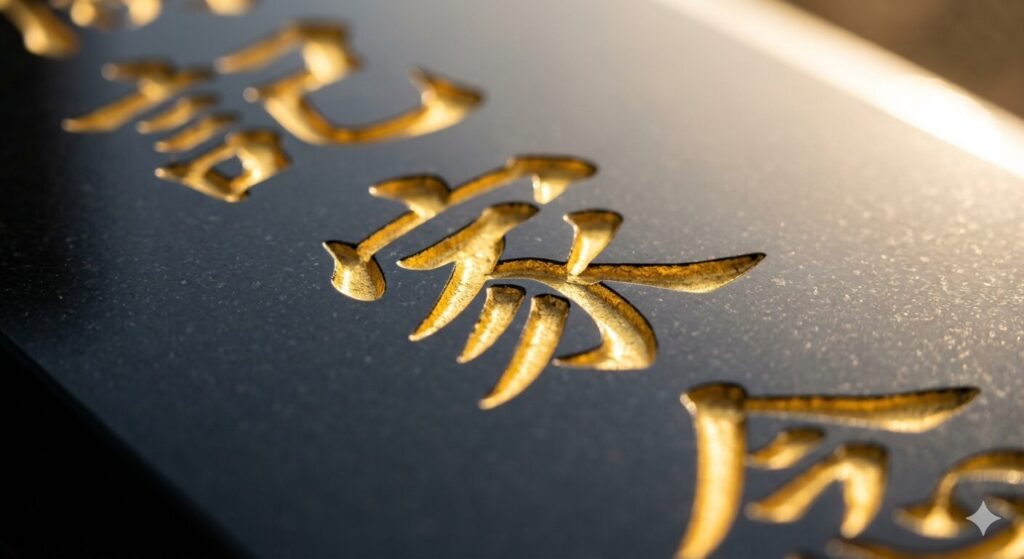 黒御影石の墓誌(縦長の石板)に丁寧に彫刻された戒名の漢字