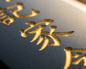 黒御影石の墓誌（縦長の石板）に丁寧に彫刻された戒名の漢字