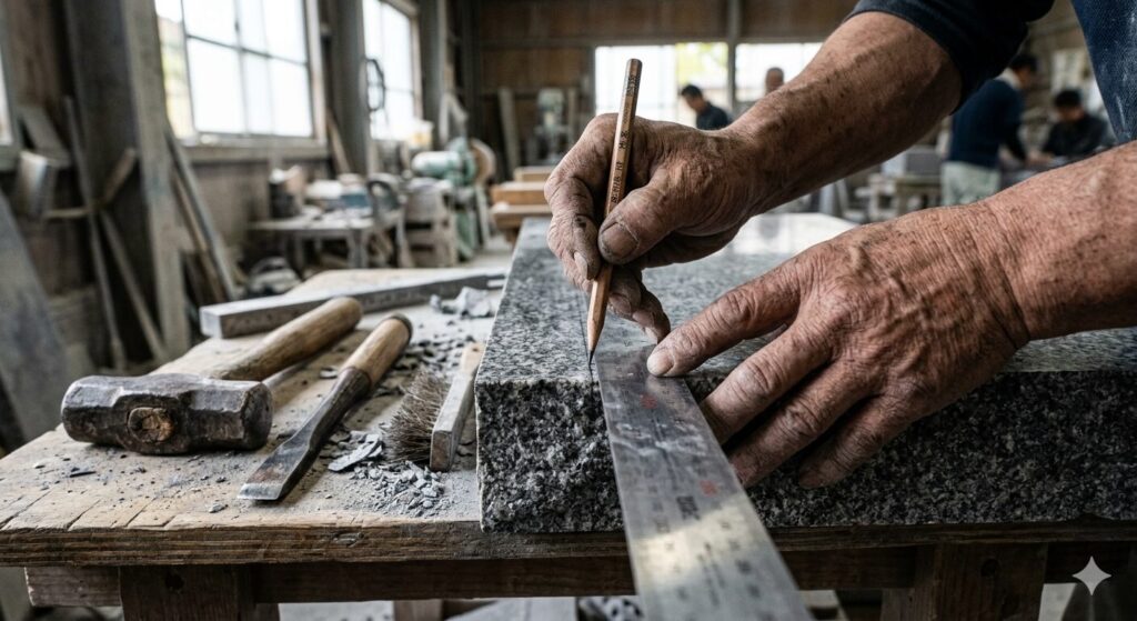 過去碑の寸法を採るイメージ