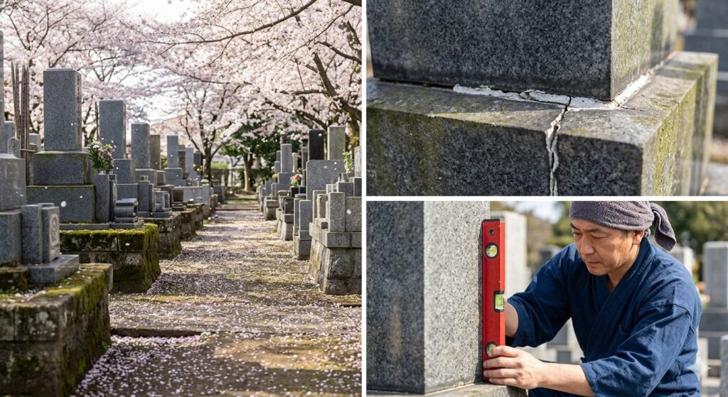 外柵の角が開き、石塔の目地にひびが生じたお墓。傾きは長い年月をかけた僅かなズレの積み重ねから始まります