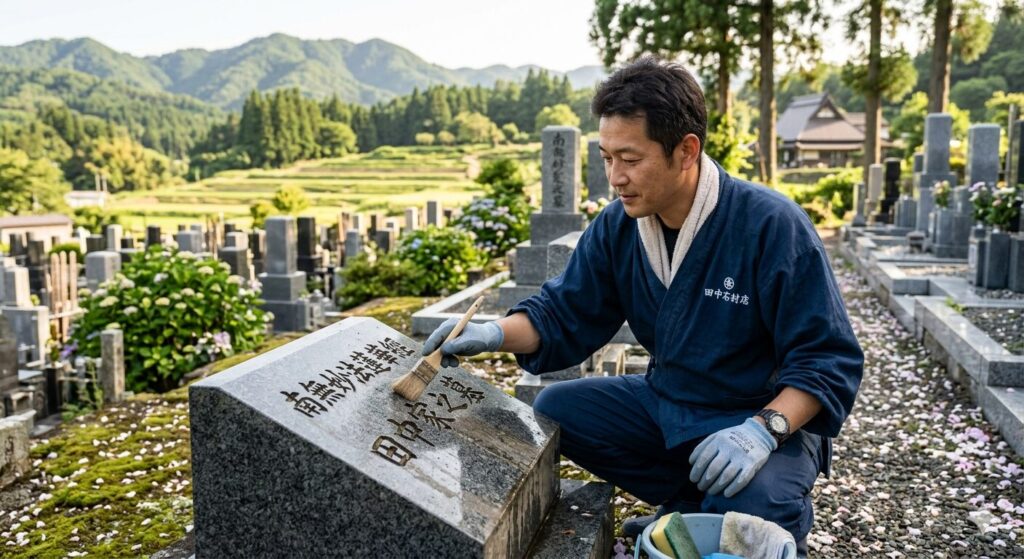石職人が石塔を丁寧に点検している様子
