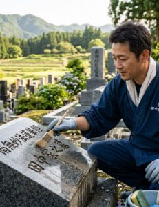 石職人が石塔を丁寧に点検している様子