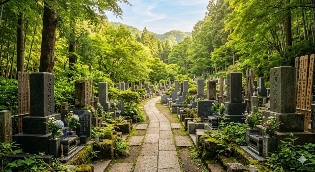 緑に囲まれた霊園の参道