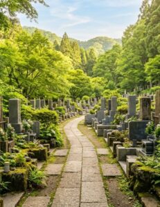 緑に囲まれた霊園の参道