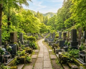 緑に囲まれた霊園の参道