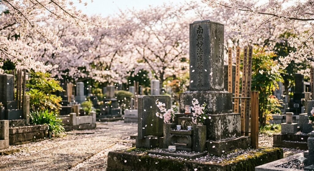 春の墓地の全景・石塔
