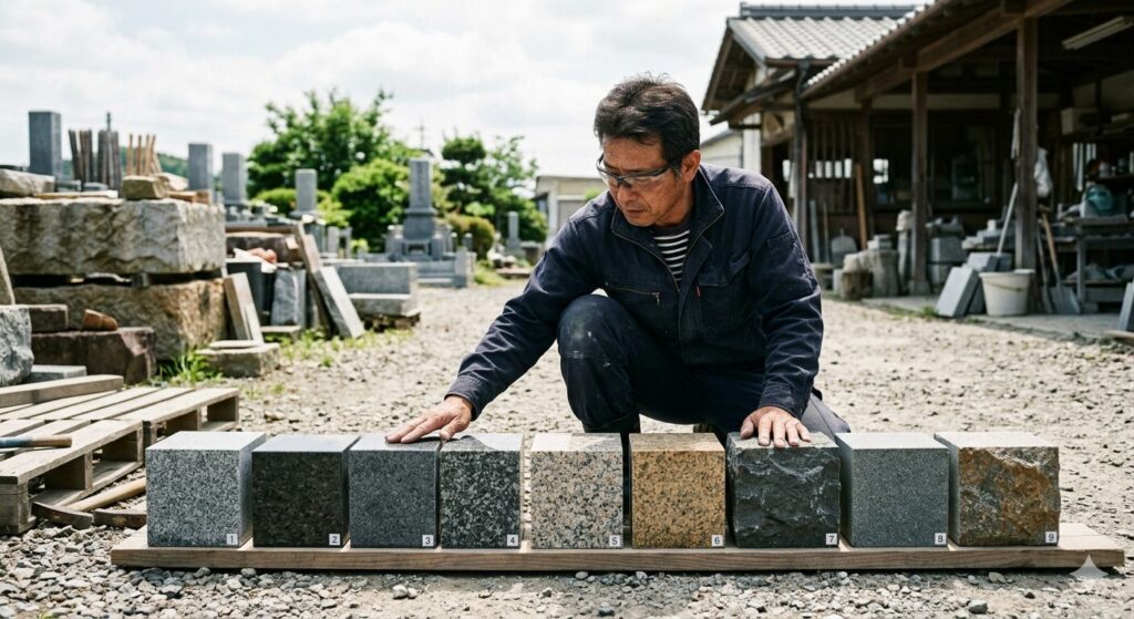 複数の石材サンプルを並べて見比べる様子