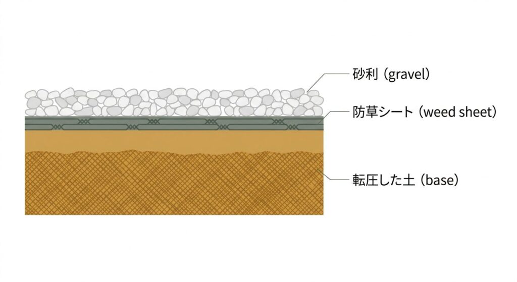 防草シートと砂利の施工断面
