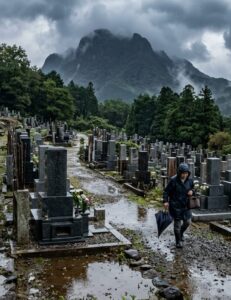 傾斜地に建つ墓地の様子