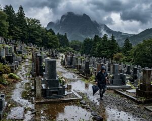 傾斜地に建つ墓地の様子