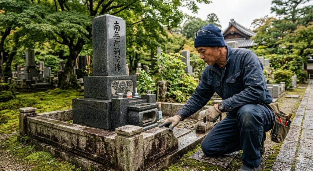 お墓の外柵やひび割れを丁寧に点検している様子
