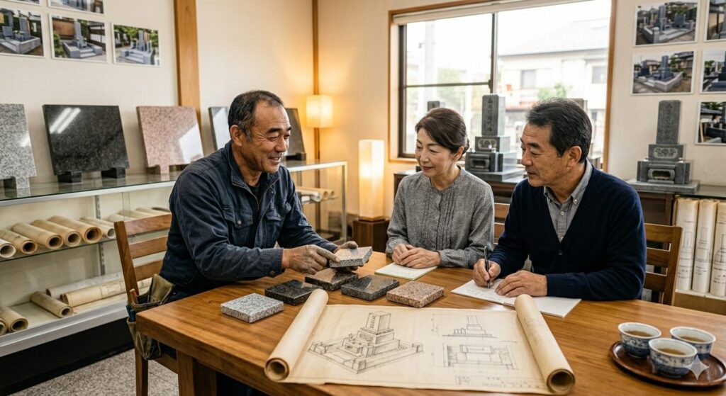 建墓の打ち合わせをしている様子