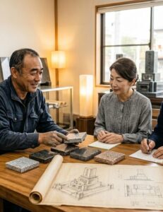 建墓の打ち合わせをしている様子