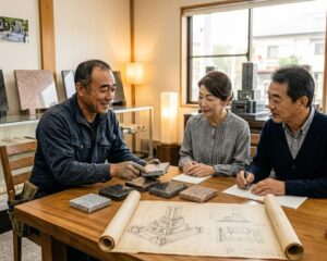 建墓の打ち合わせをしている様子