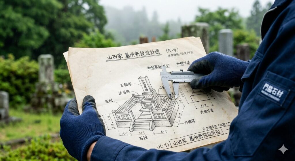 現場で図面を確認する石工の手元
