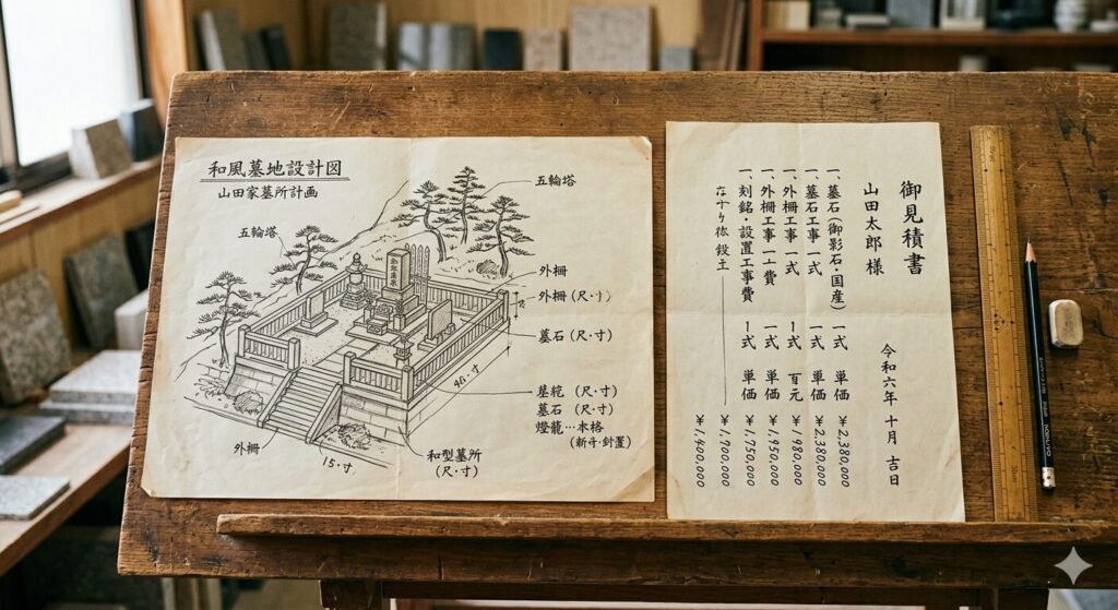 お墓の見積書と図面の比較イメージ