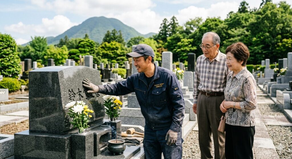 石材店スタッフが墓地の状態を確認している様子