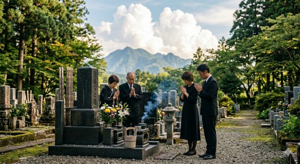 墓前に静かに手を合わせるご家族のイメージ