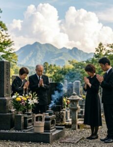 墓前に静かに手を合わせるご家族のイメージ