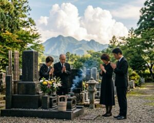 墓前に静かに手を合わせるご家族のイメージ