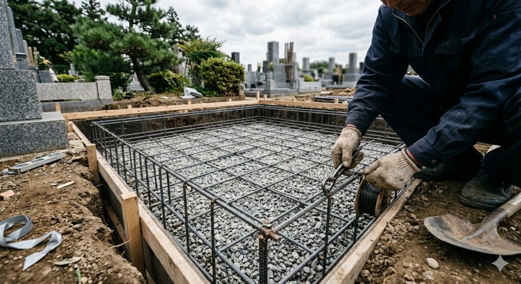 墓地の基礎コンクリート工事の様子