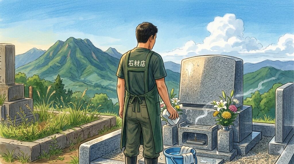 御影石の墓石を点検・清掃