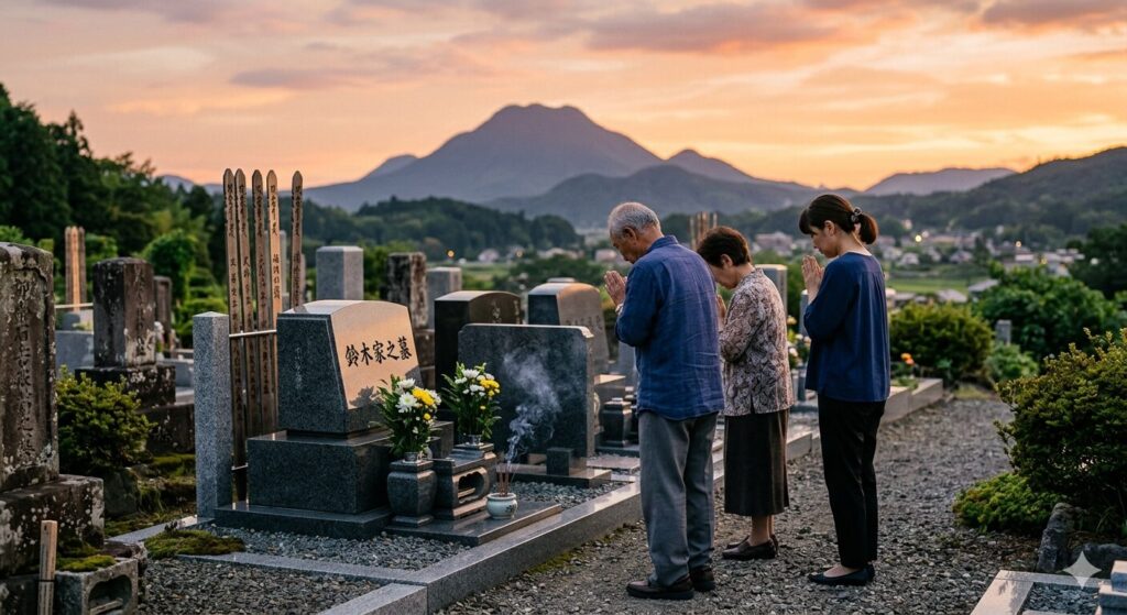 夏の榛名山を背景にした高崎市近郊の墓地と家族の後ろ姿
