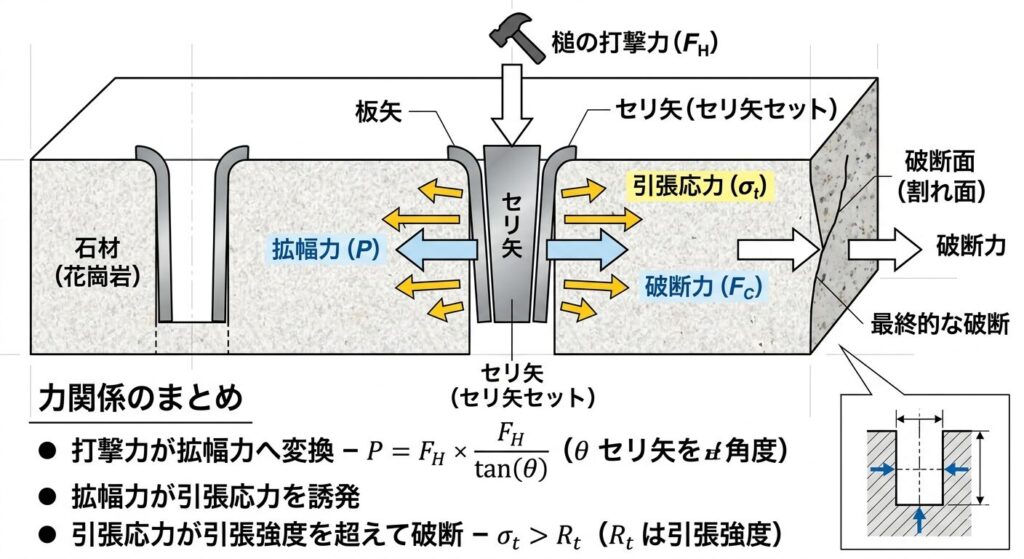 セリ矢と石割れの力関係の断面模式図