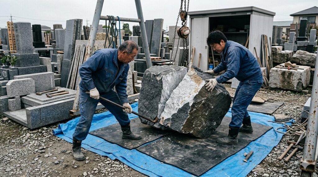 大割り後の石を慎重に搬出している様子