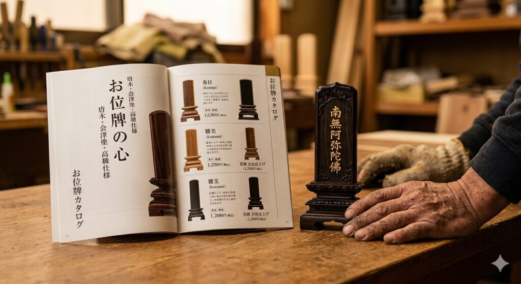 お位牌のカタログを広げてご説明している様子