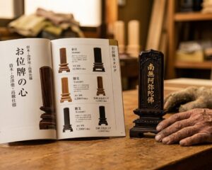 お位牌のカタログを広げてご説明している様子