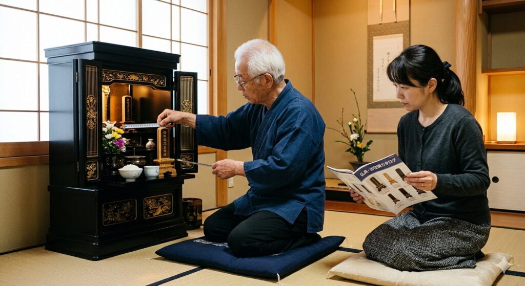 お仏壇のサイズを確認しながらお位牌のご提案をしている様子