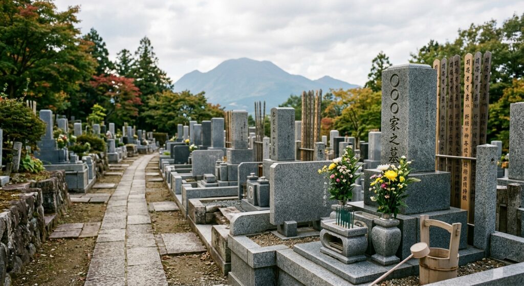 榛名山を望む高崎市内の墓地。秋彼岸を前に、家族での点検をおすすめしています。