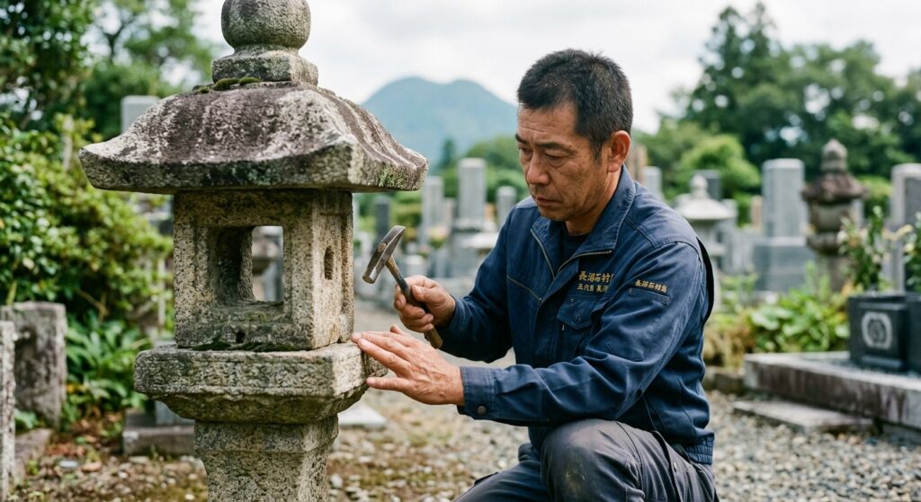 音の違いで内部の緩みを確認する、据え付け点検の様子
