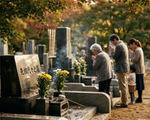 秋彼岸に向けて清められた墓石。親族みんなが気持ちよく参拝できる準備を